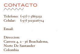 CONTACTO
￼

Telefono:  (+57) 7 5863232
Celular:     (+57) 3123226714

Email: hotelcasalopezbochalema@gmail.com

Direccion:
Carrera 4, 2 - 36 Boachalema, 
Norte De Santander
Colombia